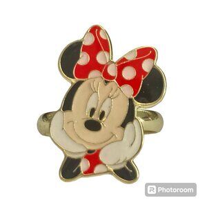 Disney Parks Minnie Mouse Ring Size 7 8 Signed Adjustable Red Bow Dots Enamel